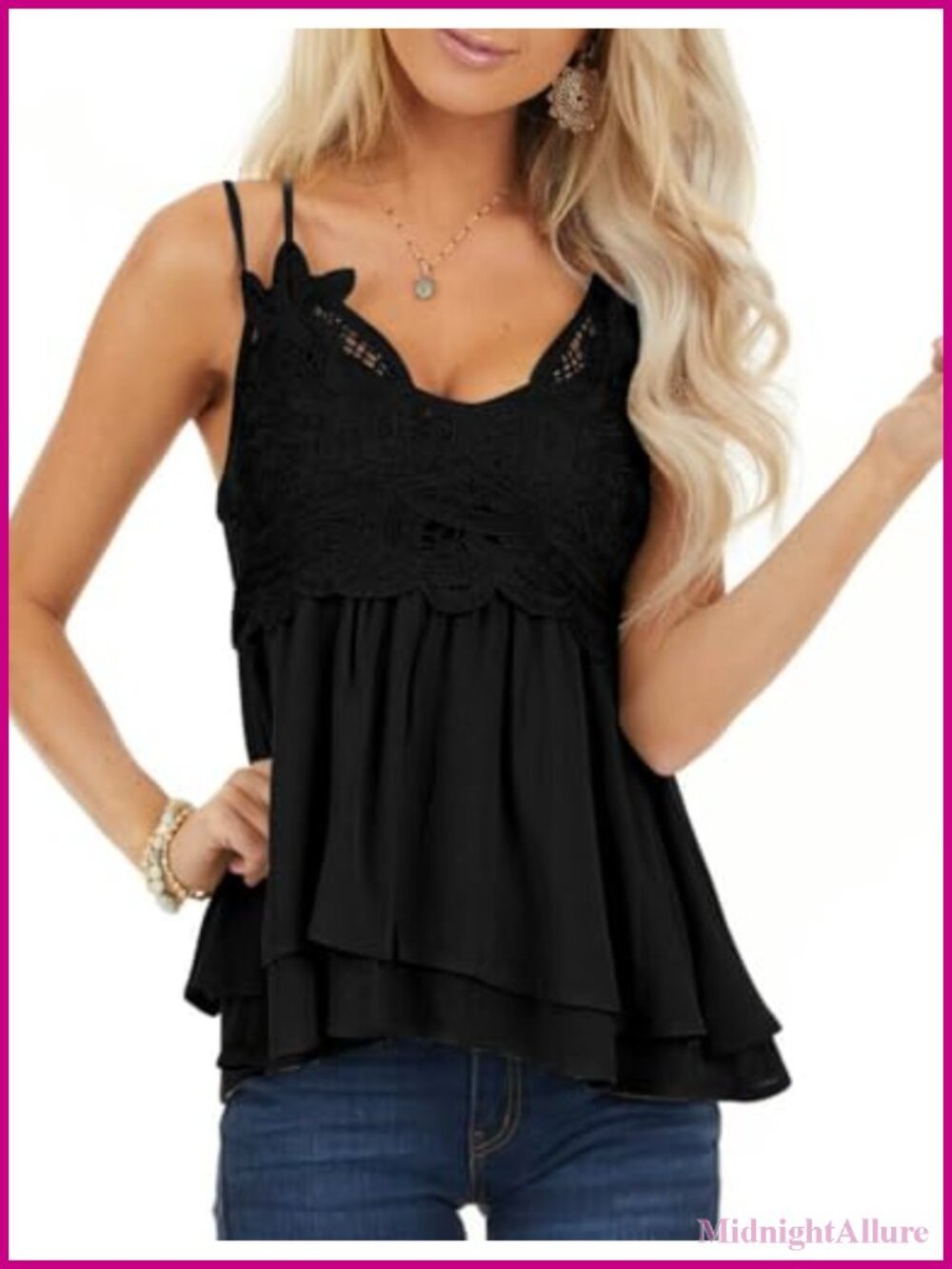 Women's Lace Chiffon Tank Top Sleeveless Spaghetti Strap Cami Babydoll